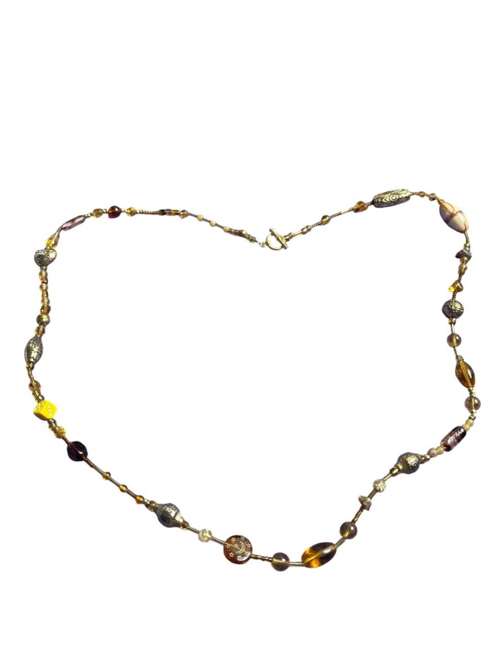 Vintage Artisan Glass Beaded Necklace Dice Moon and Stars Heart 32 inches Long